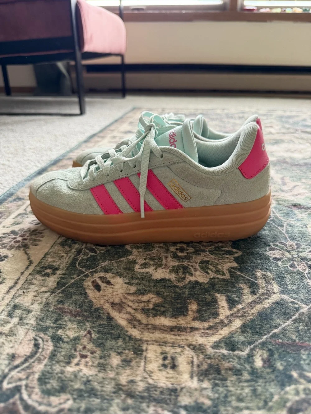 adidas Mint Green Suede Sneakers with Pink Stripes